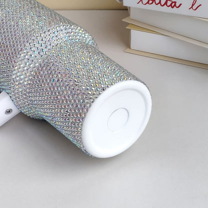 Rhinestone-Covered 40oz Stainless Steel Tumbler with Handle, Straw Lid and Textured Silver Finish