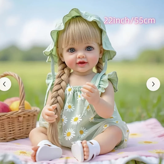 Reborn Baby Doll 22-Inch Full Vinyl Design with Long Blonde Hair, Open Eyes, Green Outfit and Accessories