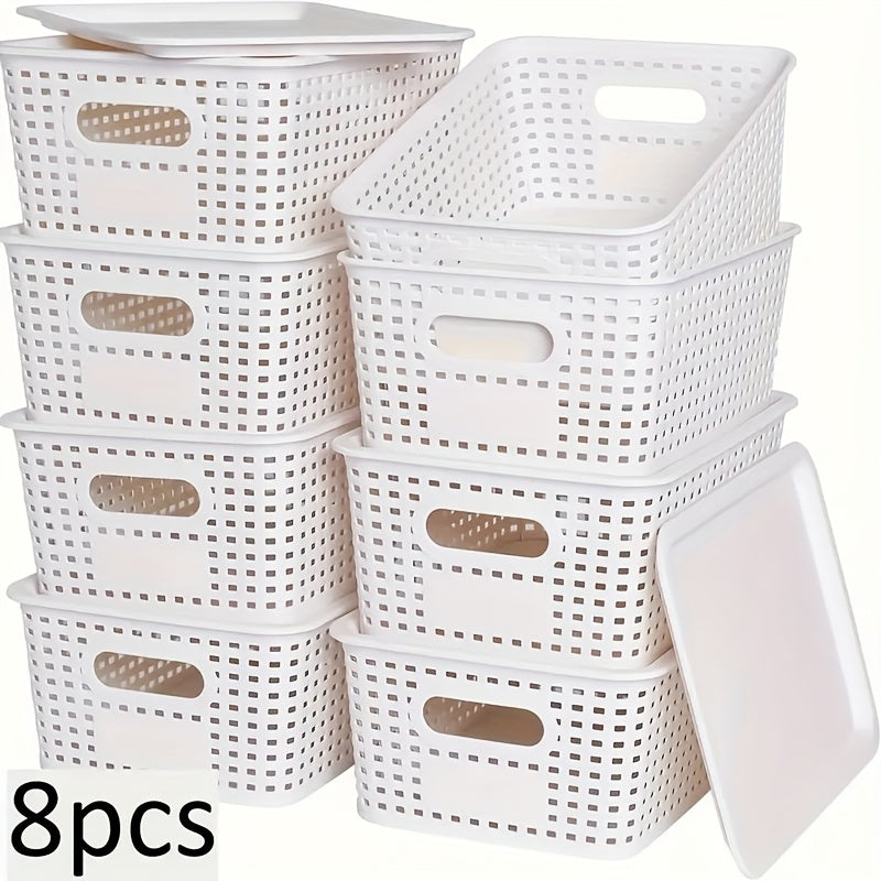 Flip-Top Lid Storage Baskets Set of 8 in White for Desktop, Documents and Shelf Organization