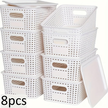Flip-Top Lid Storage Baskets Set of 8 in White for Desktop, Documents and Shelf Organization