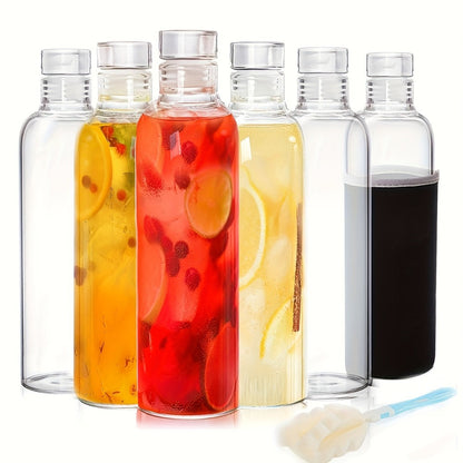 Glass Water Bottle Set, Six 18 oz Clear Bottles with Lids, Protective Sleeves and Cleaning Brush