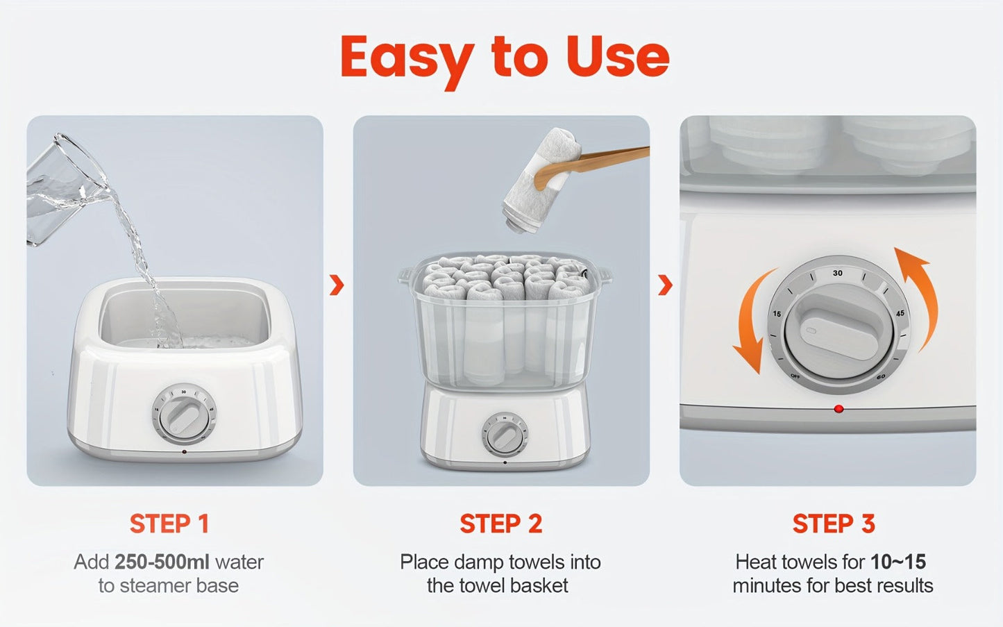 Compact Countertop Towel Steamer with Rotary Control, Black or White Base and Removable Clear Container