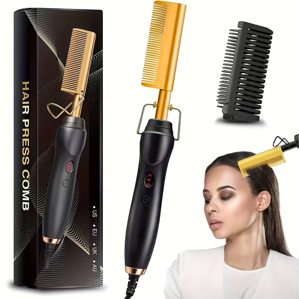 Electric Hot Comb Hair Straightener – 3-in-1 Ceramic Pressing Comb for Natural Hair, Beard & Wigs, Curling & Straightening Iron with Protective Holder, Bonus 2 Clips & 1 Comb, Gift Ready