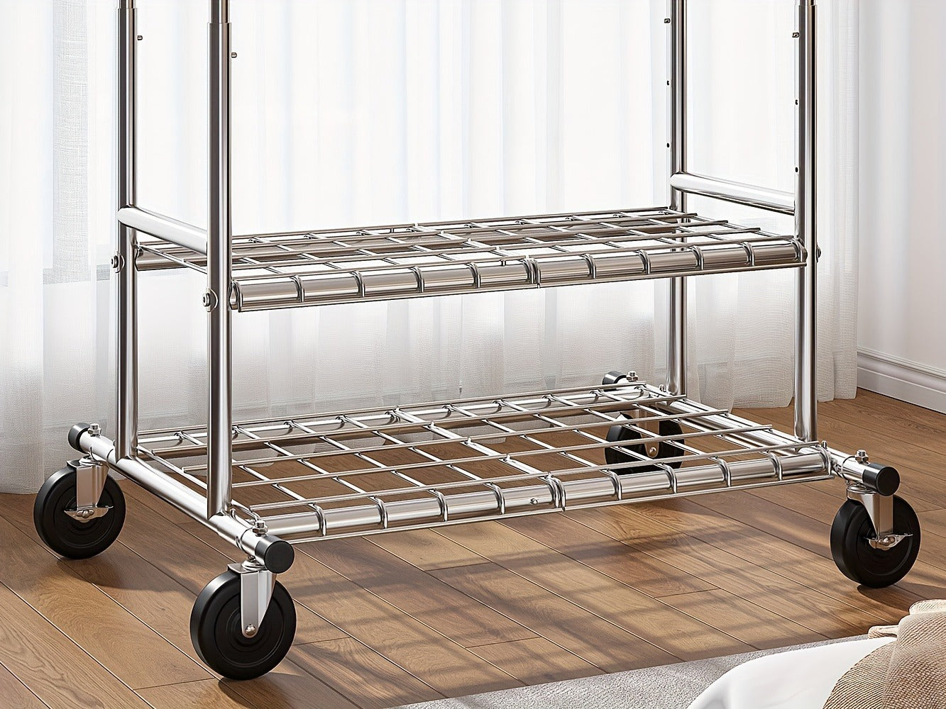Double-Rod Rolling Garment Rack with Telescoping Extensions, Two Wire Shelves and 74.6-Inch Width