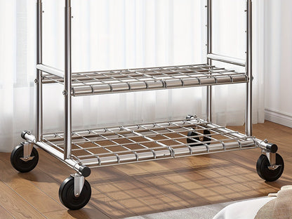 Double-Rod Rolling Garment Rack with Telescoping Extensions, Two Wire Shelves and 74.6-Inch Width