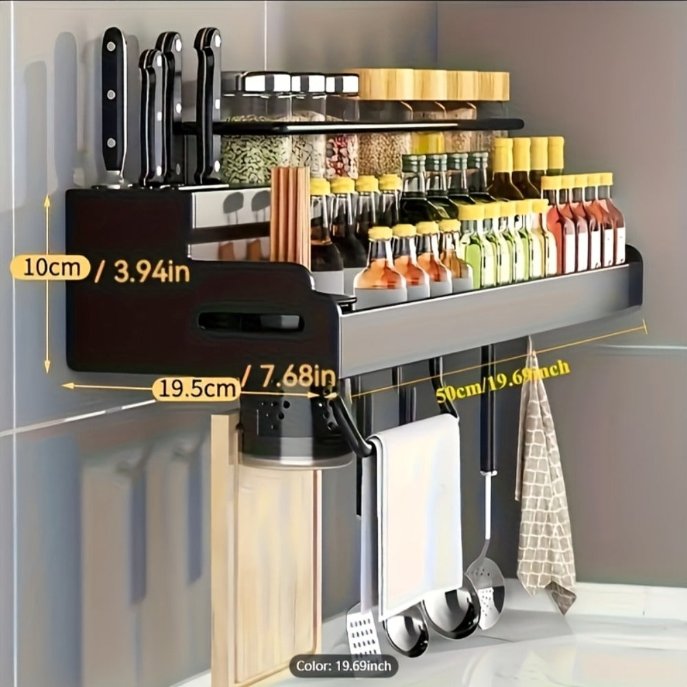 Kitchen Wall Mounted Storage Rack Double Layer – No-Drill Organizer with Knife Slots, Chopstick Holder & Towel Bar, Space-Saving Floating Shelf for Kitchen Counter, 19.69 Inch (Black)