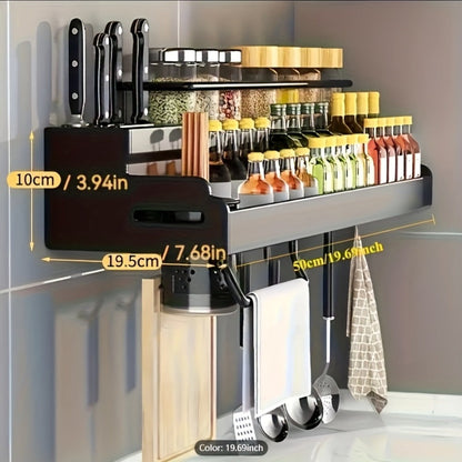 Kitchen Wall Mounted Storage Rack Double Layer – No-Drill Organizer with Knife Slots, Chopstick Holder & Towel Bar, Space-Saving Floating Shelf for Kitchen Counter, 19.69 Inch (Black)