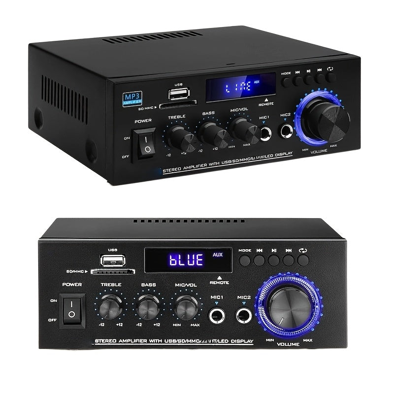 AK45 Two-Channel Bluetooth Home Audio Amplifier with FM, Karaoke Inputs, USB, MMC and SD Card Playback Options
