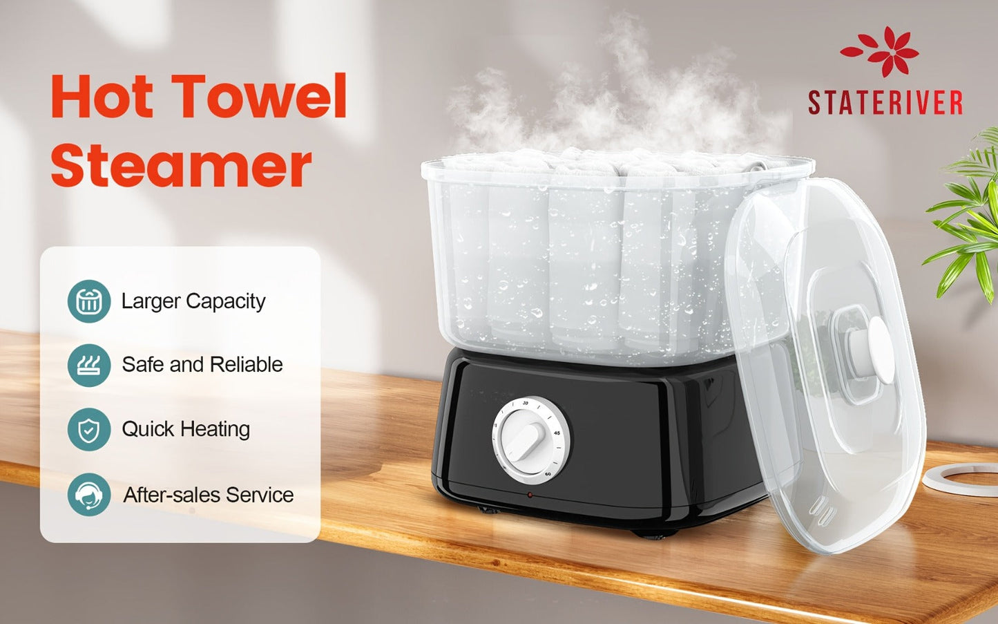 Compact Countertop Towel Steamer with Rotary Control, Black or White Base and Removable Clear Container