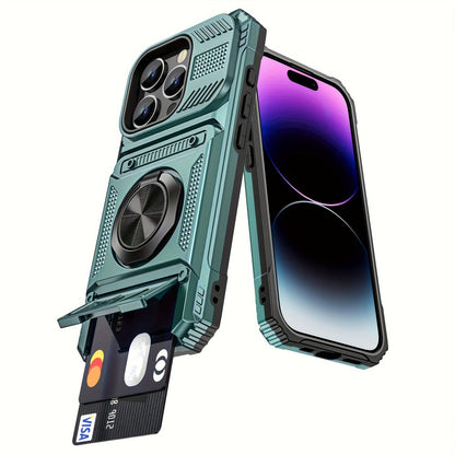 Phone Case Dual-Card Hard Shell Cover with 360° Metal Ring Kickstand for Select iPhone 7–17 Models