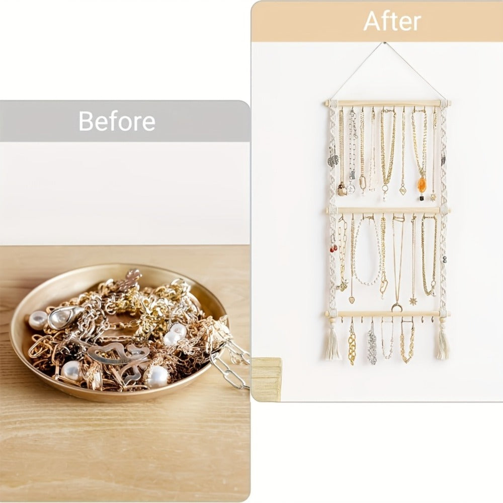 Jewelry Organizer Hand-Woven Wall Hanging Rack with Tassel Detail and 30 Hooks in 1- or 2-Piece Options