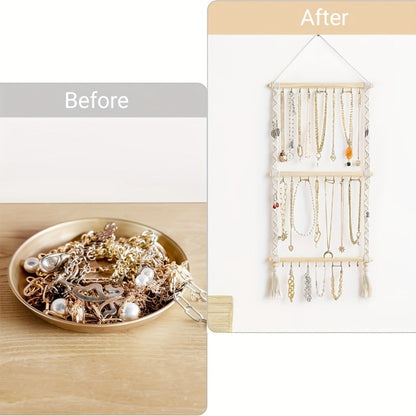 Jewelry Organizer Hand-Woven Wall Hanging Rack with Tassel Detail and 30 Hooks in 1- or 2-Piece Options