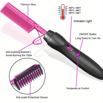Electric Hot Comb Hair Straightener – 3-in-1 Ceramic Pressing Comb for Natural Hair, Beard & Wigs, Curling & Straightening Iron with Protective Holder, Bonus 2 Clips & 1 Comb, Gift Ready
