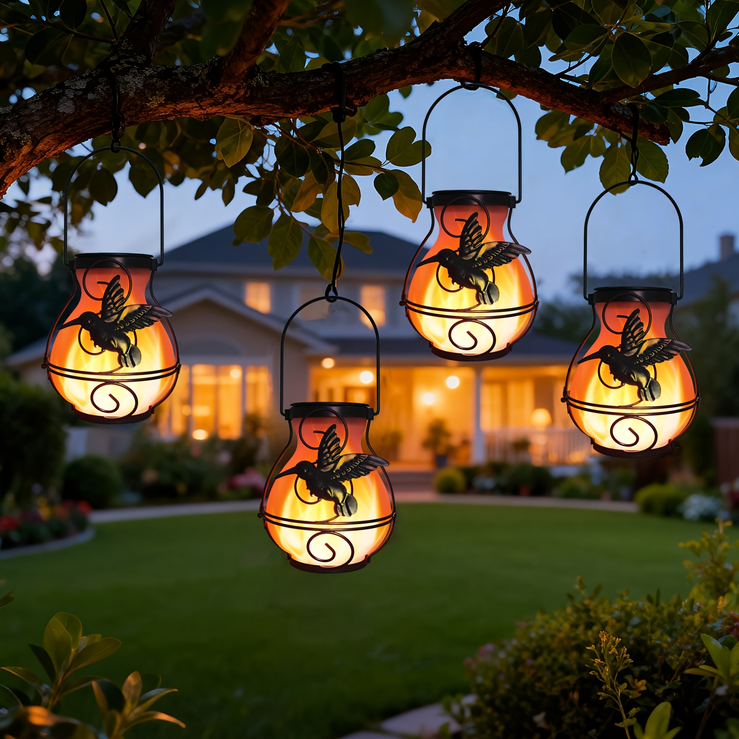 Solar Outdoor Lights Hummingbird Flickering Flame Hanging Lanterns, IP44, 2- or 4-Pack for Yard Decor