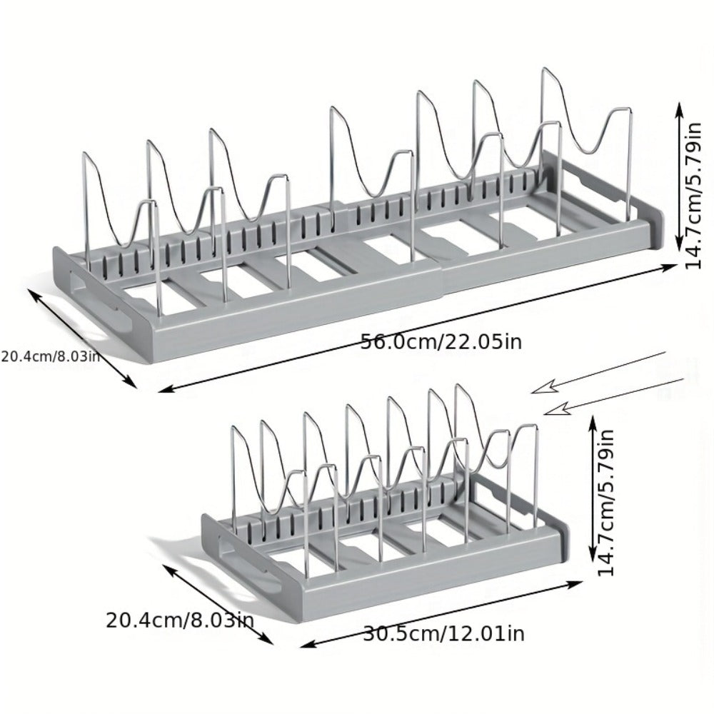 Expandable Pot and Lid Organizer Rack with Adjustable Dividers, 12.01-22.05-Inch Width and White or Gray Finish