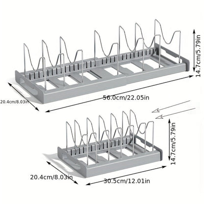 Expandable Pot and Lid Organizer Rack with Adjustable Dividers, 12.01-22.05-Inch Width and White or Gray Finish
