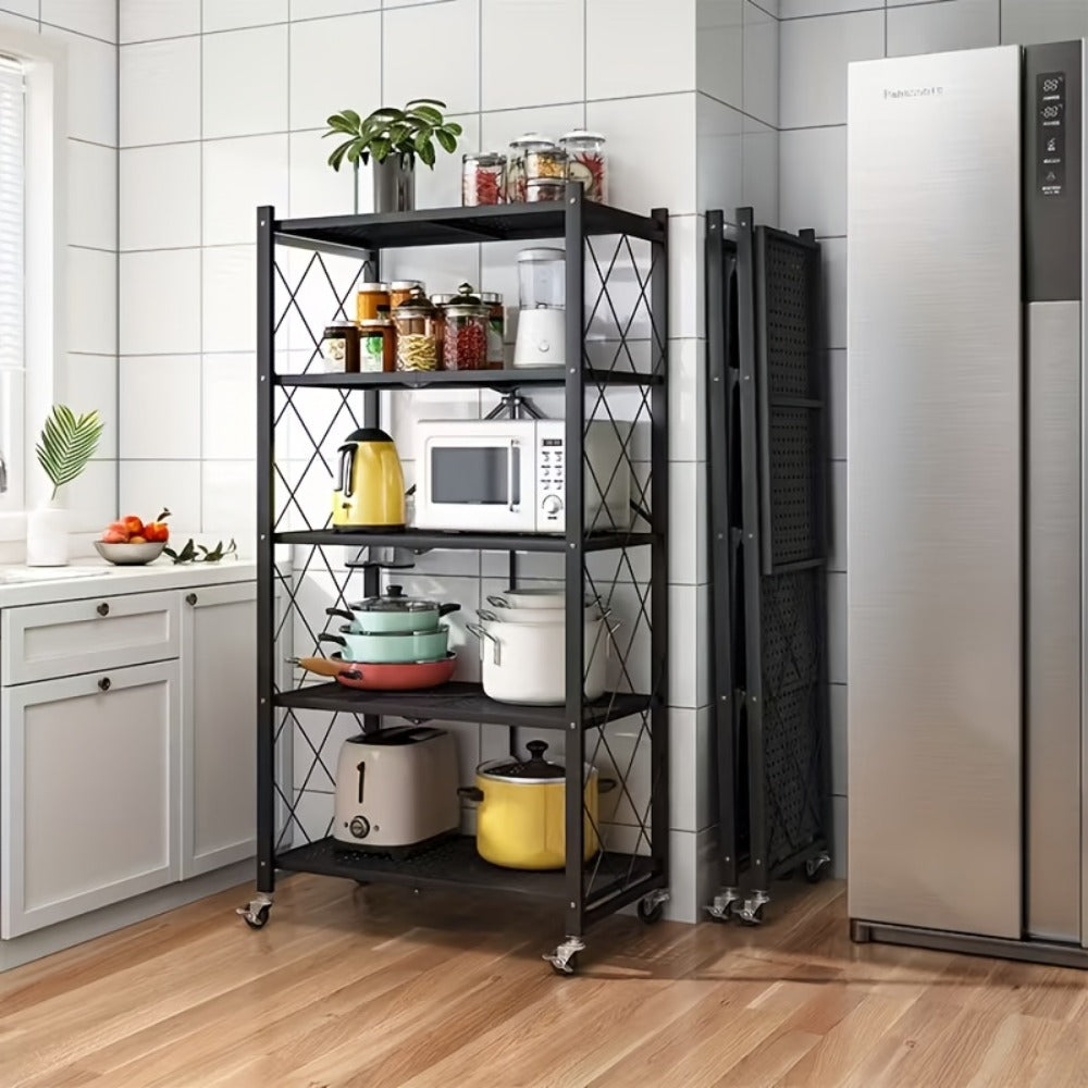 Three-to-Five-Tier Folding Storage Rack with Metal Shelves, Caster Wheels and Black or White Finish