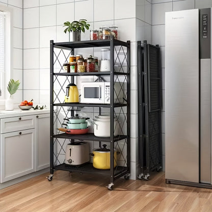Three-to-Five-Tier Folding Storage Rack with Metal Shelves, Caster Wheels and Black or White Finish