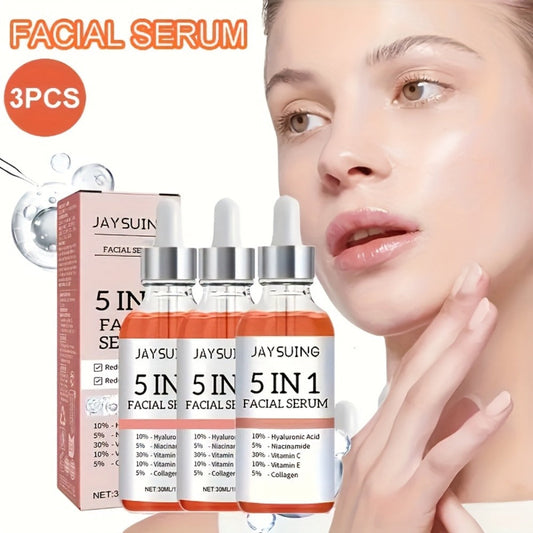 Facial Serum 5-in-1 with Hyaluronic Acid & Vitamin C – 3 Pack 30ml, Hydrating Anti-Aging Skin Care Serum for All Skin Types, Alcohol-Free, Non-Irritating, Unisex
