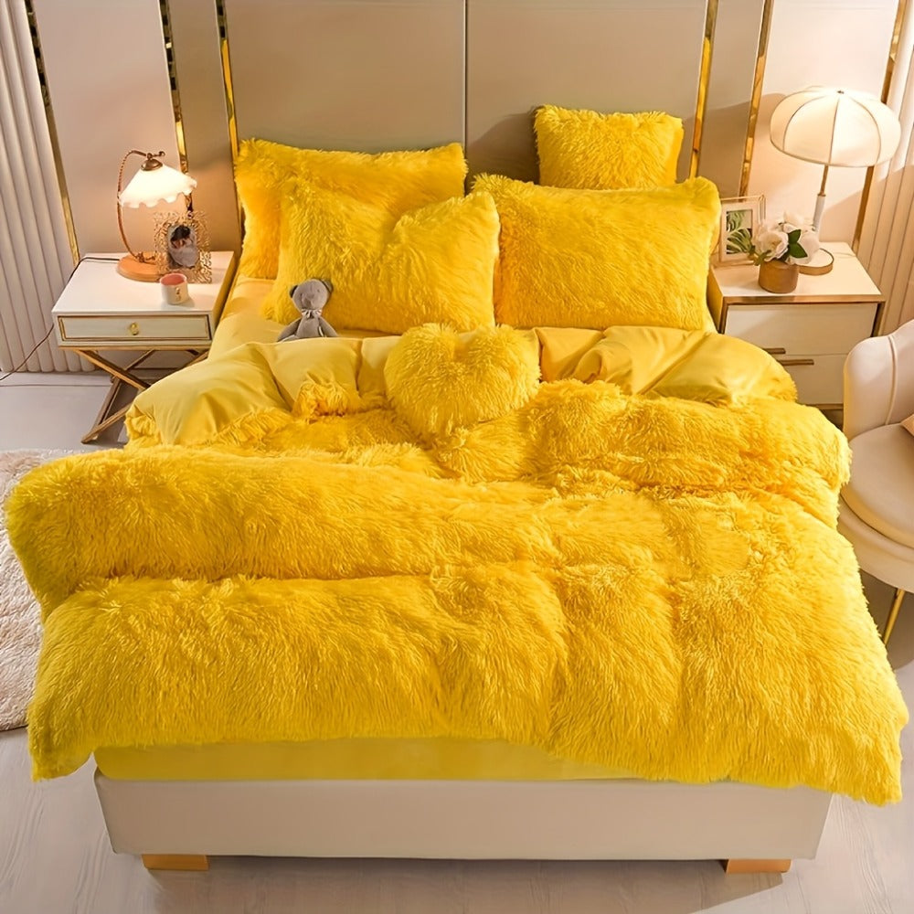 Plush Faux Fur Duvet Cover Set with Heart Pillow, Corner Ties and Twin, Queen or King Sizes in Eight Colors