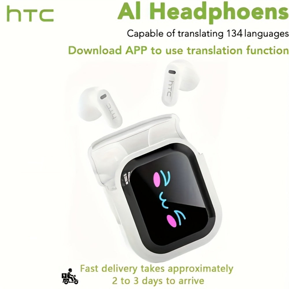 131 Language Real-Time Translation Wireless Headphones HTC NE20 TWS HiFi Sound Low Latency Gaming AI Noise Reduction LED Touch Screen Built-In Mic for Business Travel Office Study Gaming Birthday Gift