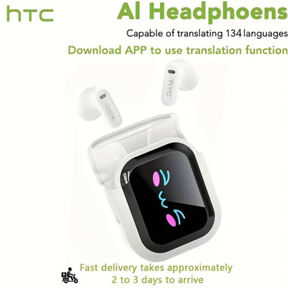 131 Language Real-Time Translation Wireless Headphones HTC NE20 TWS HiFi Sound Low Latency Gaming AI Noise Reduction LED Touch Screen Built-In Mic for Business Travel Office Study Gaming Birthday Gift