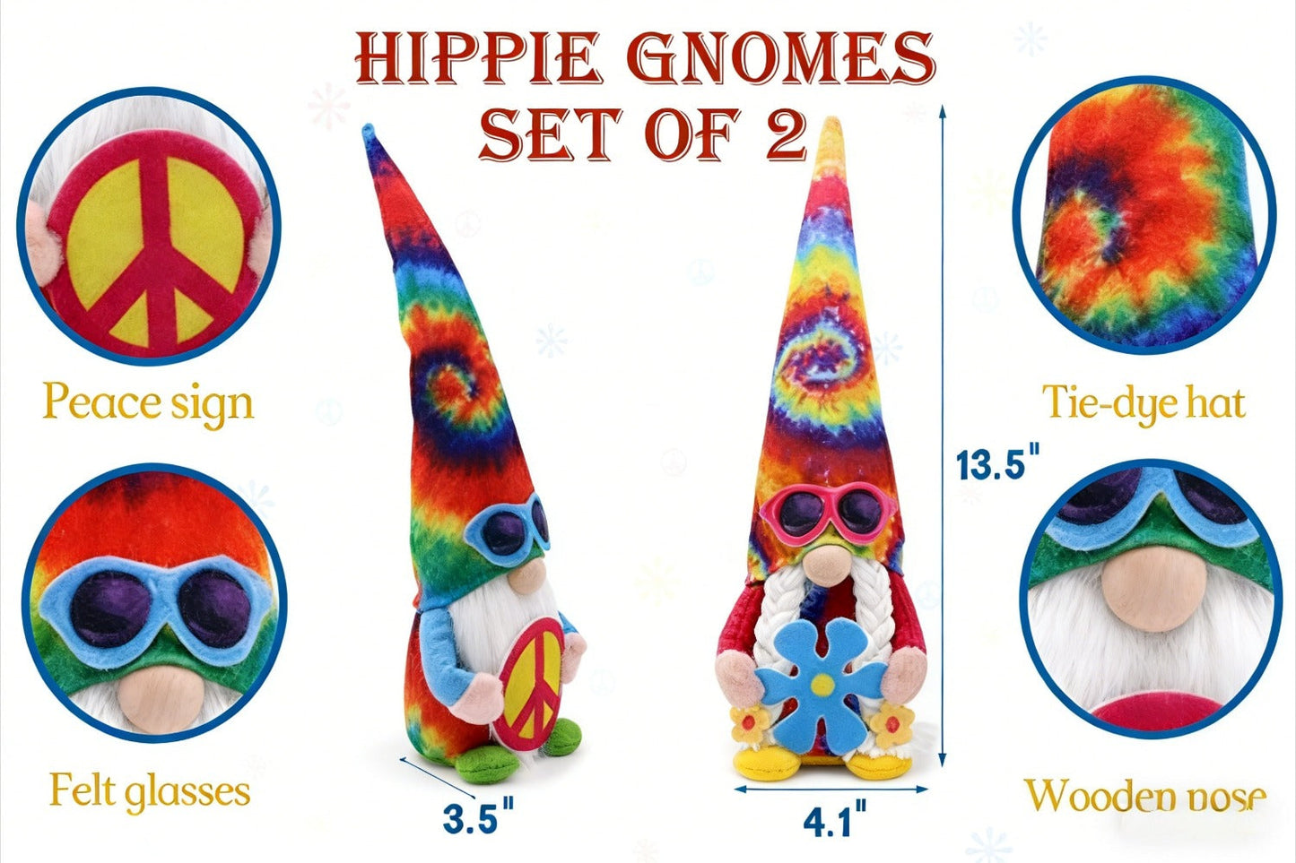 Hippie Gnomes Decorations 2 Pack – Groovy Tie Dye Tomte Figurines with Peace Sign & Fashion Glasses, 13.5" Swedish Gnome Shelf Sitters for Farmhouse, Christmas, Halloween & Party Decor