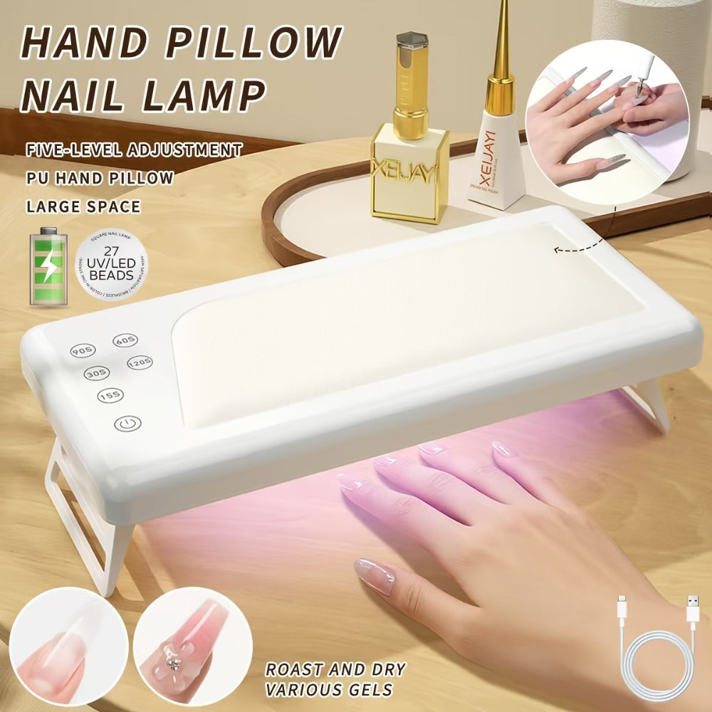 Wide Rectangular Hand-Pillow LED Nail Lamp with 28 x 13cm Base, Five Timer Settings and White Finish