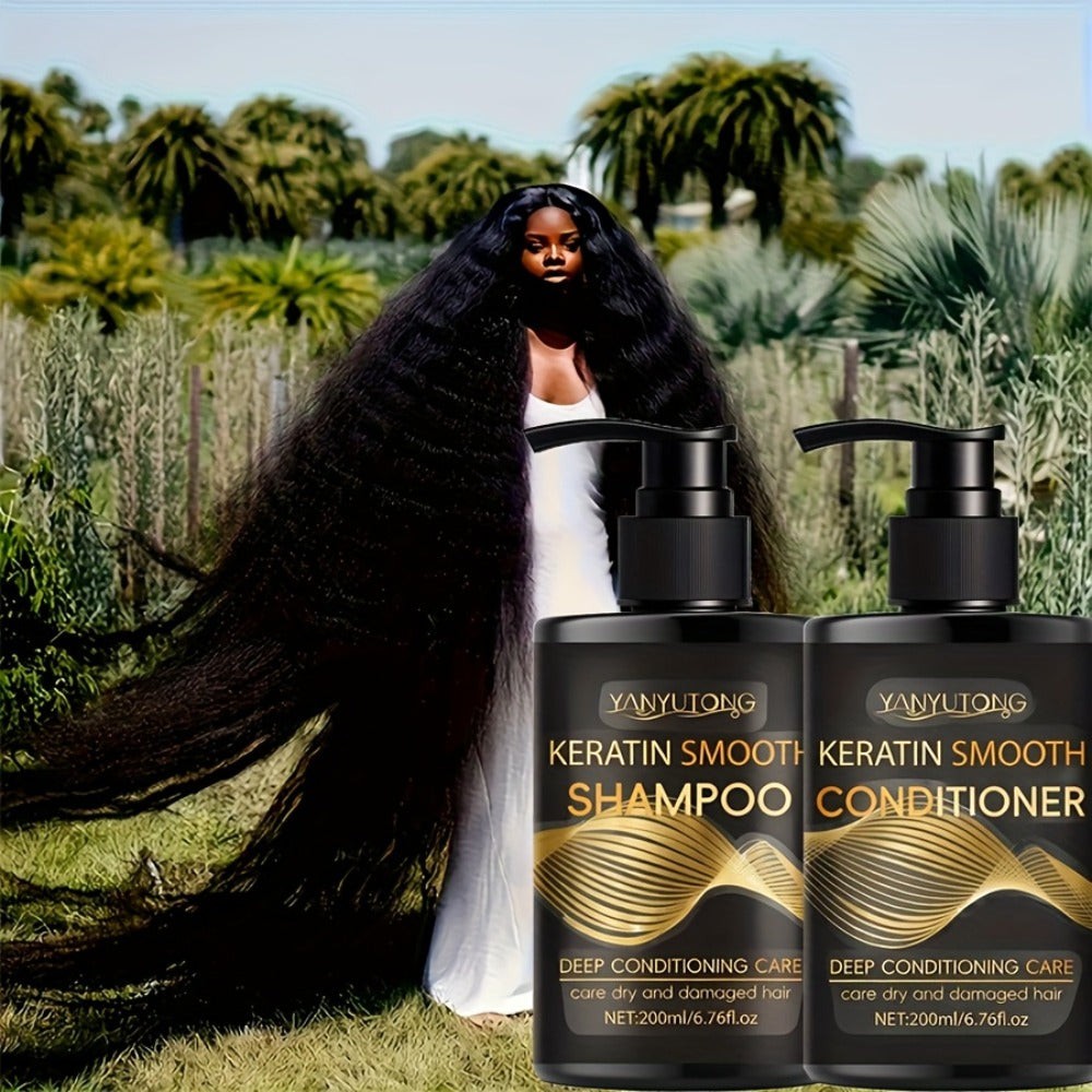 Keratin Shampoo and Conditioner Set Repairs Breakage Split Ends Moisturizes Scalp for Color-Treated Heat Damaged Dry Frizzy Hair All Hair Types Women Men 200ml Each