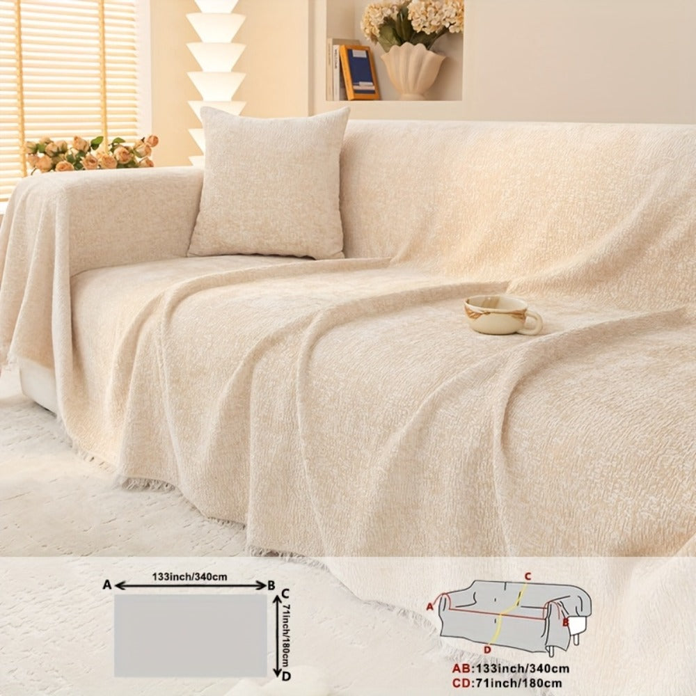Sofa Cover 300 GSM Solid Chenille Throw with Fringe in Four Colors and Sizes from Single Seat to 71 x 150 Inches