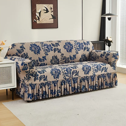 Sofa Cover Dark Blue Printed Skirt Slipcover with High-Elasticity Fiber and Anti-Slip Fixing Rods