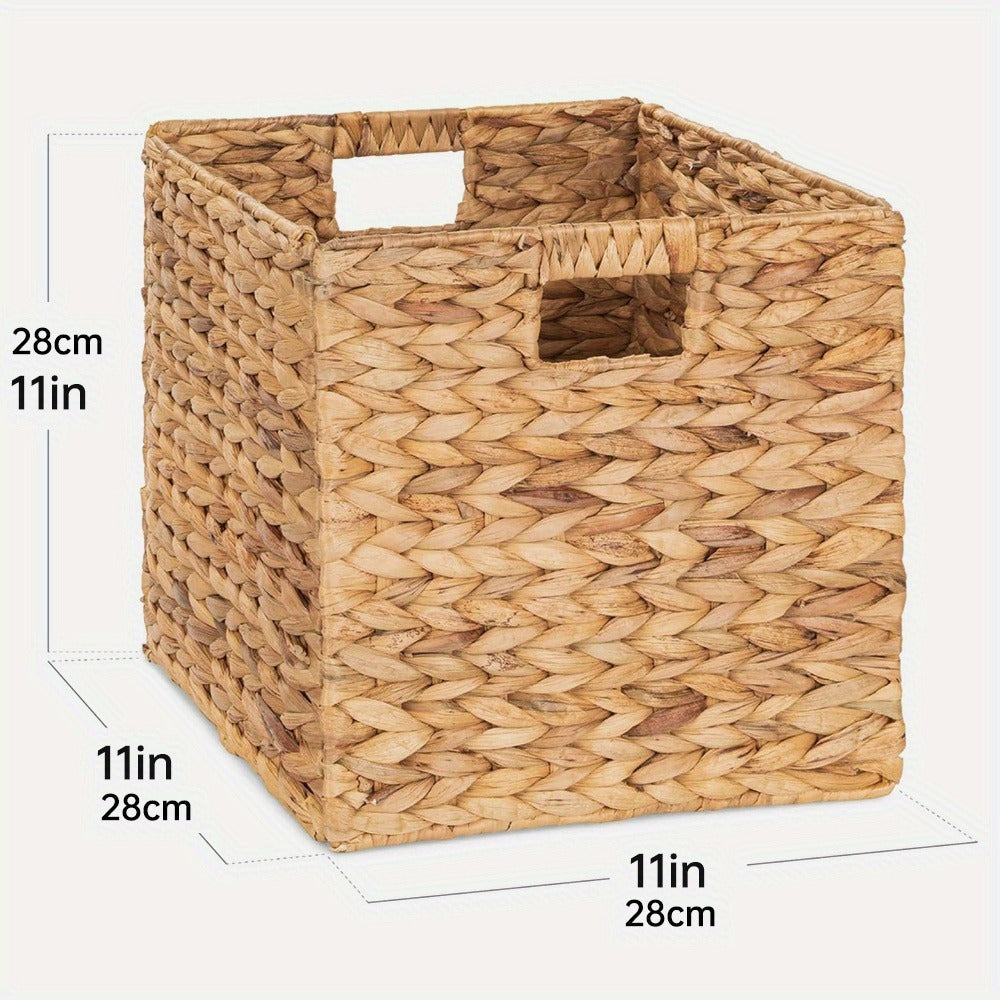 Woven Cube Storage Basket with Cutout Handles in Natural Color and One-, Two- or Four-Piece Packs