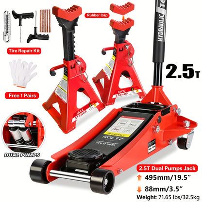 Hydraulic Floor Jack Kit 2/2.5/3 Ton Low Profile Trolley Jack with Jack Stands, Tire Repair Kit, Wheel Wrench & Wheel Chock Combo - Red/Blue
