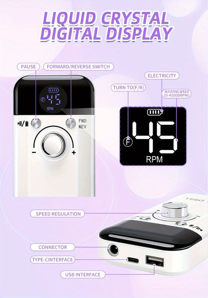 45000RPM Electric Nail Drill Machine Rechargeable Cordless with LCD Display Professional Nail File Drill for Acrylic Gel Nails Cuticle Removal Manicure Pedicure Polisher Home Salon Women Pink White