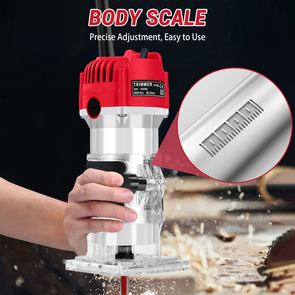 Compact 800W Wood Router Kit in Red or Blue with 15-Piece 1/4-Inch Bit Set and Guide Accessories