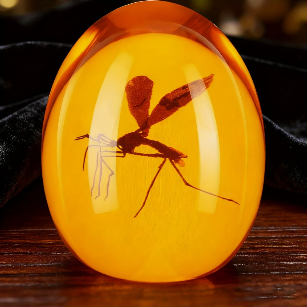 Amber-Tone Resin Mosquito-Inclusion Paperweight in One- or Two-Piece Options, 2.75-Inch Oval Desk Display