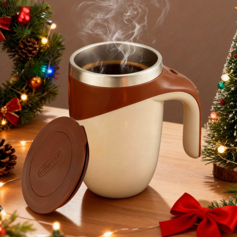 White Self-Stirring Coffee Mug with Magnetic Mixing Piece, Side Button, Lid and 250ml Marking