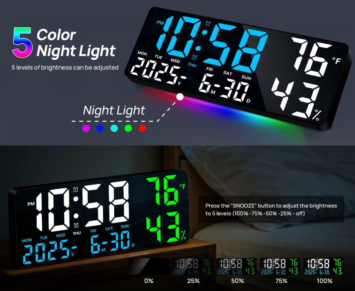 14.6-Inch Digital LED Wall Clock with Remote, Date, Weekday, Temperature and Humidity Color Options