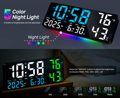14.6-Inch Digital LED Wall Clock with Remote, Date, Weekday, Temperature and Humidity Color Options