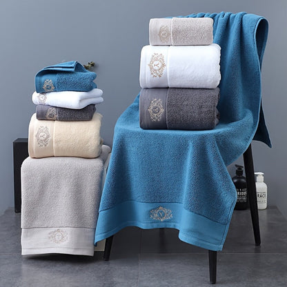 Three-Piece Towel Set with Two Hand Towels and One Bath Towel in Four Embroidered Color Options