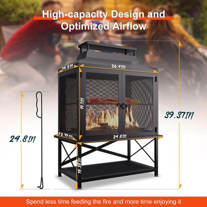Outdoor Fireplace 39 Inch Rectangular Wood Burning Fire Pit with Grill, Spark Screen & Poker, Large Metal Patio Fireplace with Wood Storage for Garden Deck Backyard, Black