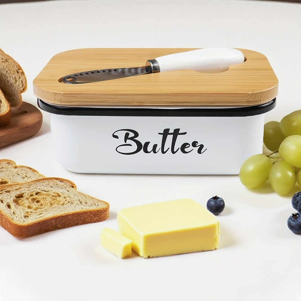 Black, Grey or Green Metal Butter Dish with Bamboo Lid, White-Handle Knife and 15.6 x 10.9 x 6 cm Size