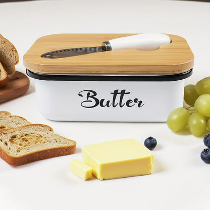 Black, Grey or Green Metal Butter Dish with Bamboo Lid, White-Handle Knife and 15.6 x 10.9 x 6 cm Size