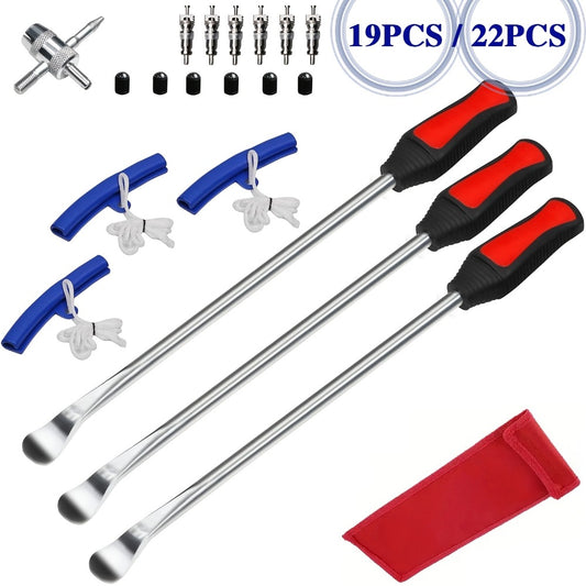 Tire Spoon Iron Set Steel Tire Changing Tool Kit – Tire Lever, Rim Protector, Valve Cores & Stem TR414 for Dirt Bike Motorcycle Lawn Mower, 19pcs / 22pcs