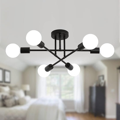 Sputnik Chandelier 6-Light Black Industrial Ceiling Light Fixture Semi Flush Mount for Bedroom Dining Room Living Room Kitchen