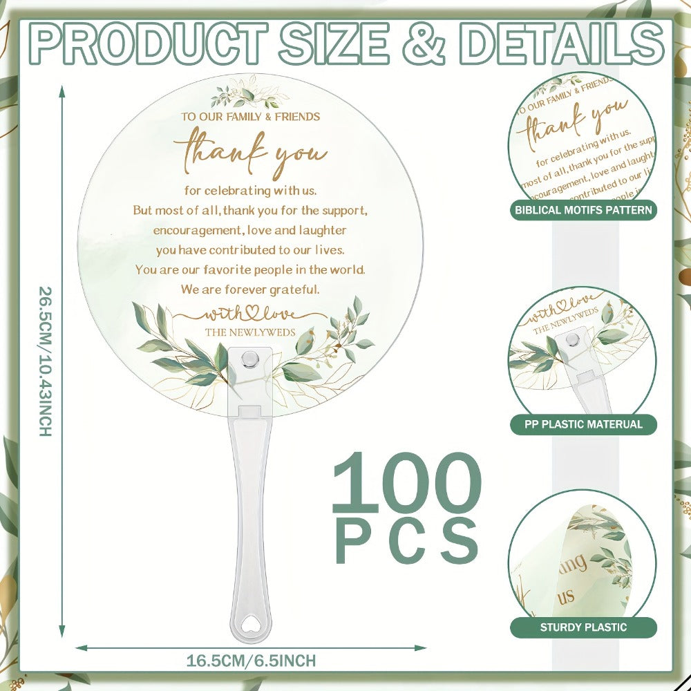 Greenery Leaf Wedding Hand Fans, 100-Piece Green Plastic Set with Handles for Ceremony, Bridal Shower or Party Guests