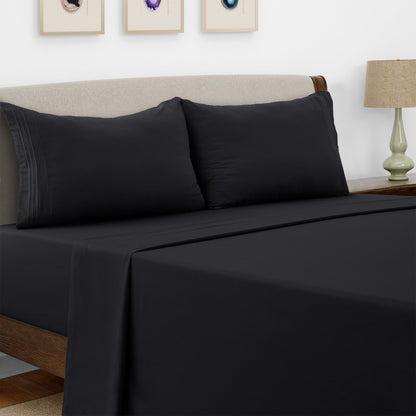 Bed Sheet Set Microfiber with Size-Dependent 3- or 4-Piece Contents and Six Documented Bed Dimensions