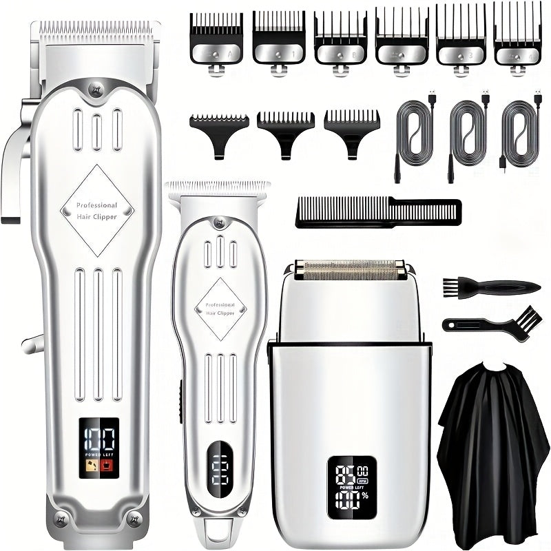 Hair Clippers & Trimmers Three-Piece Set with Full-Size Clipper, T-Blade Detailer, Foil Shaver and LCD Displays