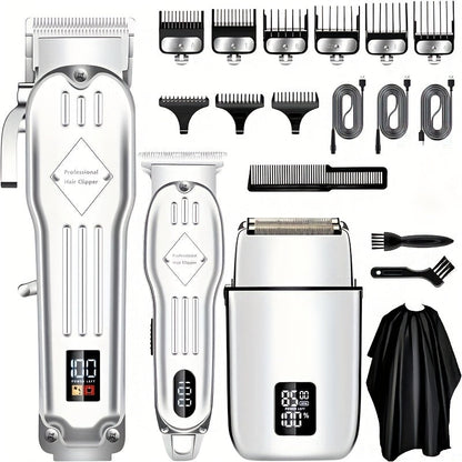 Hair Clippers & Trimmers Three-Piece Set with Full-Size Clipper, T-Blade Detailer, Foil Shaver and LCD Displays