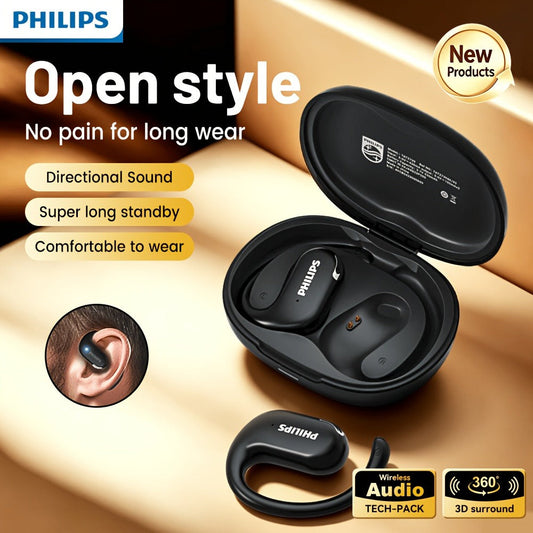 Philips TAT2739 Open Air Earbuds Wireless Bluetooth 5.3 Ear Hook Headphones with Wireless Charging Case – Non In-Ear Open-Back Design, Type-C, Tech Gift for Men Women